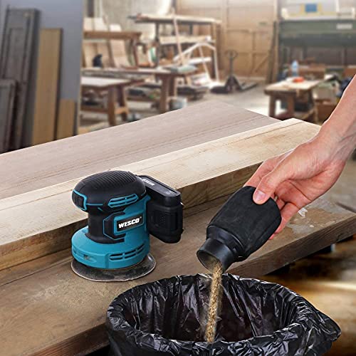Exzenterschleifer Akku, WESCO 18V 2.0Ah Schleifmaschine Ø 125mm mit Akku, Staubfangbehälter, Ladegeräte, 6 Leistungsstufe von 3000 bis zu 11000/min, 12PCS Schleifpapier, Polierschwamm
