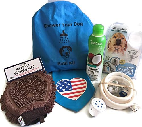 DOG GROOMING SUPPLIES. This Bath Kit For Dogs Comes With A Rinse Ace Shower Sprayer, Tropiclean Dog Shampoo,Dog Grooming Glove, Dog Bandana, A Bag To Store All The Dog Bath Products