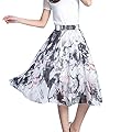Chic Queen Women'sChiffon Floral Elastic High Waist Pleated Skater Knee Length Skirt