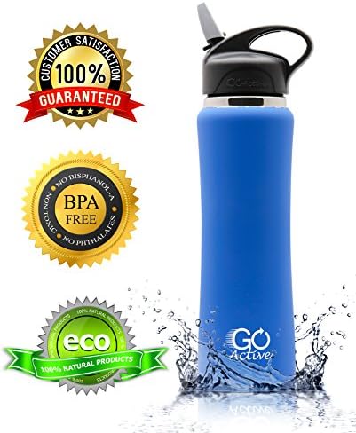 GO Active Insulated Stainless Steel Water Bottle with Premium Straw Lid. (32oz, Blue Rubber Coated Premium Lid)