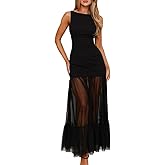 LAGSHIAN Women's Elegant Crew Neck Backless Maxi Dress Sleeveless Back Tie Mesh Evening Long Dresses
