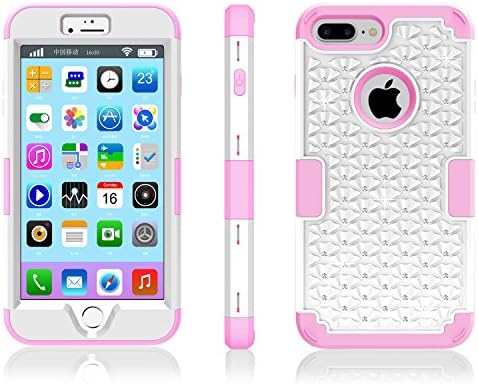 iPhone 7 Plus Case, Speedup Diamond Studded Crystal Rhinestone 3 in 1 Hybrid Shockproof Cover Silicone and Hard PC Case for Apple iPhone 7 Plus (2016 Released) (White + Pink)