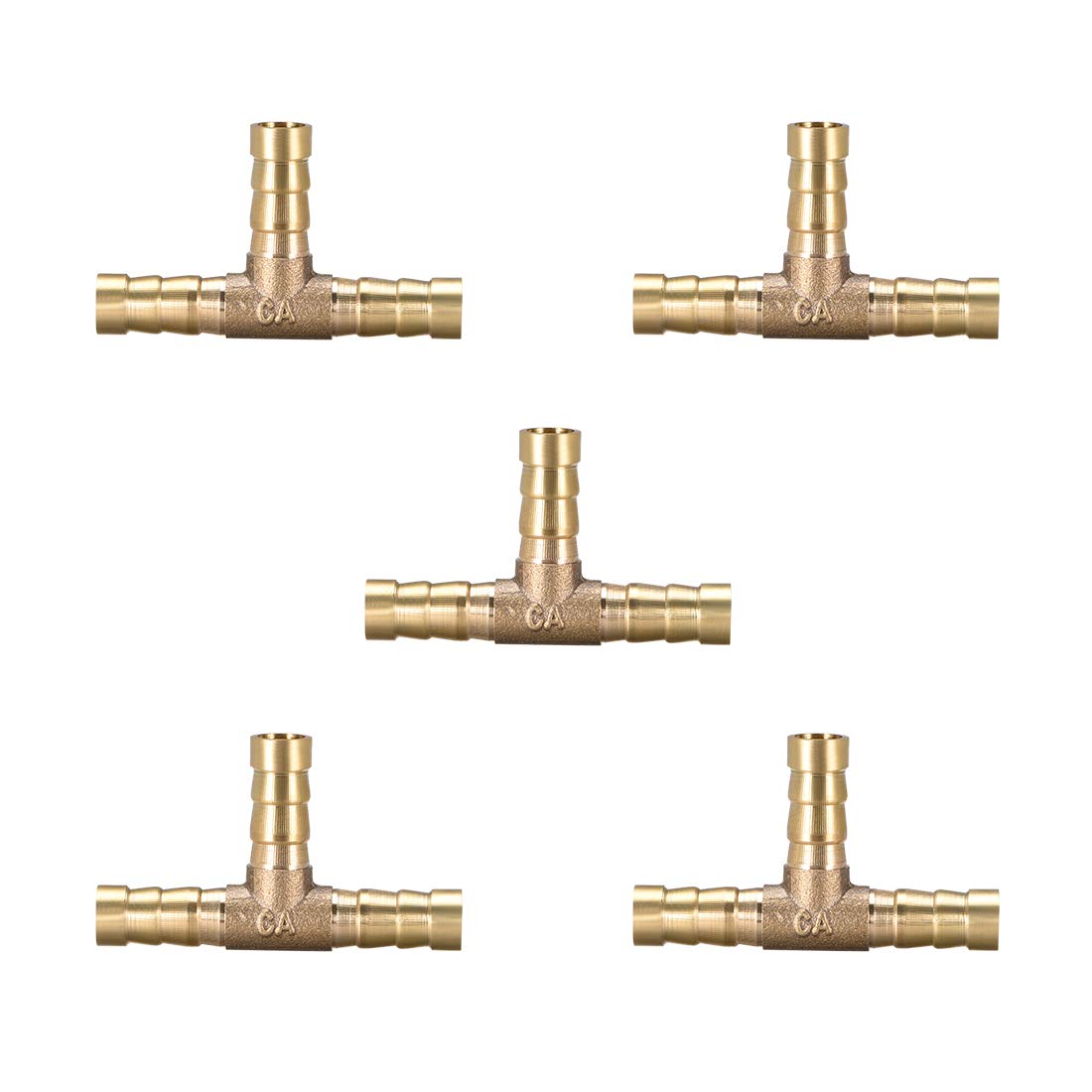 sourcing map 8mm or 5/16" OD Brass Barb Splicer Fitting,T-Shaped 3 Ways, Barb Hose Fitting Air Gas Water Fuel,Barbed Tee Connector,5pcs