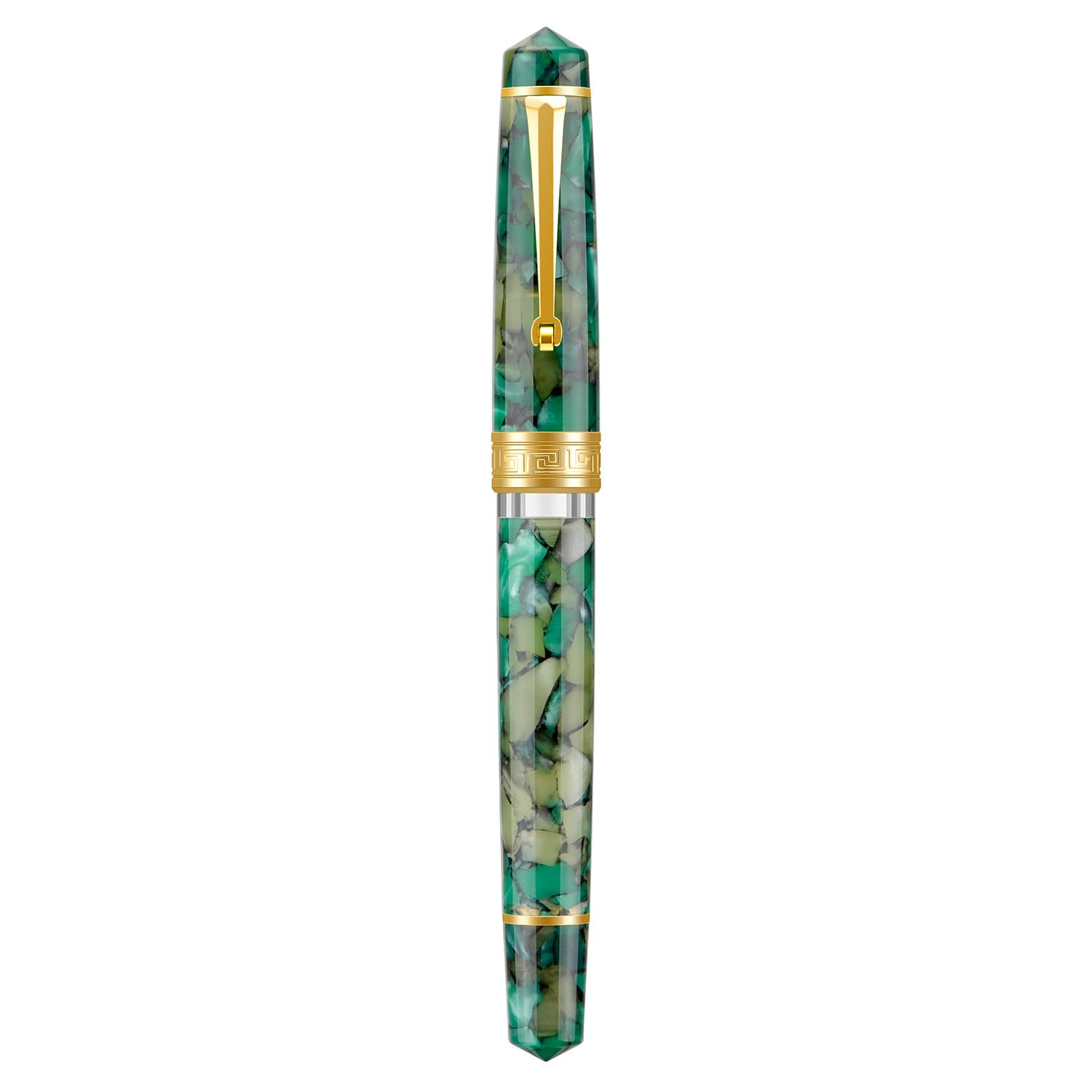 Asvine P20 Piston Fountain Pen Green Marble Acrylic, Medium Nib Gold Trim Smooth Writer Collection with Case Set