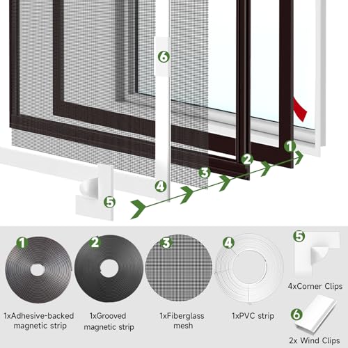 HOFUDON Window Screen Adjustable Magnetic Moustiquaire Magnétique Replacement Max 39" x 59"（100cm x 150cm), DIY Fiberglass Mesh Window Screens for House Windows White Frame Grey Mesh