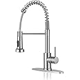 DJS Kitchen Faucets with Pull Down Sprayer Brushed Nickel -【High Arc】 Single Handle 1 or 3 Holes Spring Kitchen Sink Faucet with Deck Plate for Farmhouse RV Vessel Basin