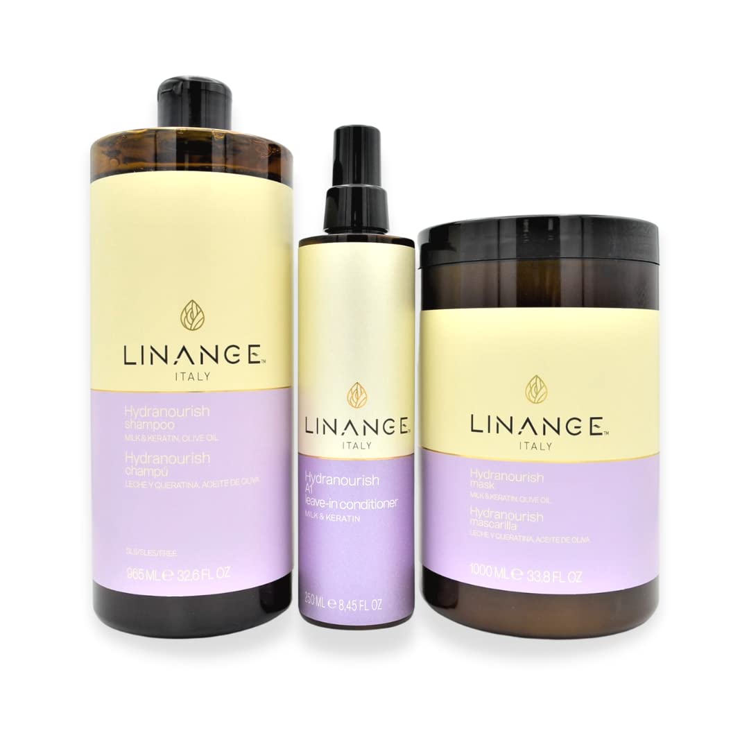 Linange Milk & Keratin Set: 33.8 Oz Shampoo, 33.8 Oz Mask, 8.45 Oz Leave-in Conditioner Spray (Free Starry Sexy Kiss Lip Plumping)
