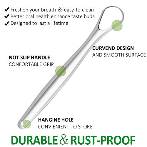 Tongue Scrapers for Adults. Stainless Steel Tounge Scraper Cleaner Surgical Grade, 100% BPA Free. The best Tongue Cleaner Ever! Cure Bad Breath (3 PACK) - Thumbnail 4