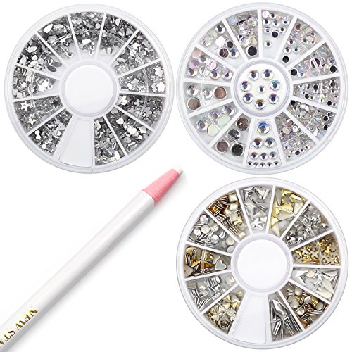 Sinsun Professional Manicure Nail Art Decorations Rhinestone Wheel Set, Mixed Sliver Crystal Gemstones, Diy Size 3D Glitter Rhinestones Charm, Gold And Silver 3D Metal Studs