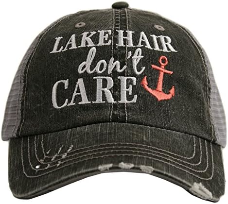 Lake Hair Don't Care Women's Distressed Grey Trucker Hat (Coral)