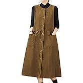 chouyatou Women's Corduroy Button Down Babydoll Tank Dress Crewneck Over Knee Long Overall Dress with Pockets