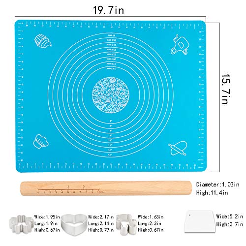 GALYGG Rolling Pin and Silicone Baking Pastry Mat Set, Dough Board with Measurements Reusable Non-Stick and Easy to Clean,Silicone of Highest Grade FDA Certified