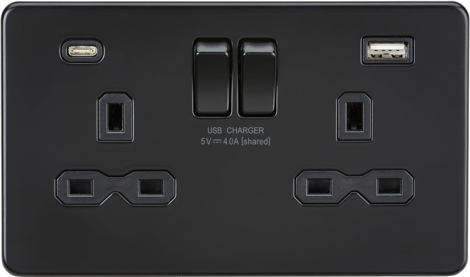 13A 2G SP Switched Socket with Dual USB A+C (5V DC 4.0A shared) - Matt Black with Black Insert