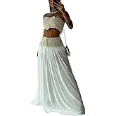CHICME Two Piece Skirt Outfits for Women Sleeveless Crochet Tube Top Sexy Sheer Maxi Skirt Sets