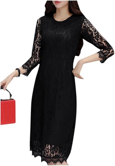 Formanism ガーリー レース ロング ワンピース フォーマル 二次会 結婚式 膝丈 レディース ブラック L ワンピース チュニック 通販 Amazon