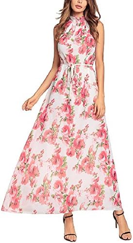 BILIKE Bandage Chiffon Floral Maxi Dress Sleeveless Long Party Casual Dresses Apricot XL