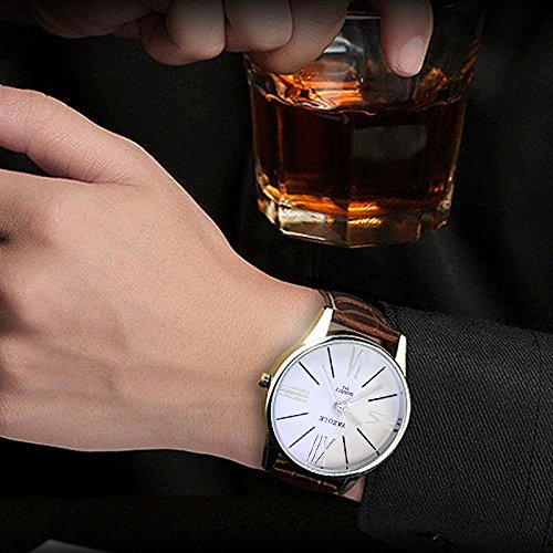 OWMEOT Watch Luxury Fashion Faux Leather Mens Quartz Analog Watch Watches (Brown 2)