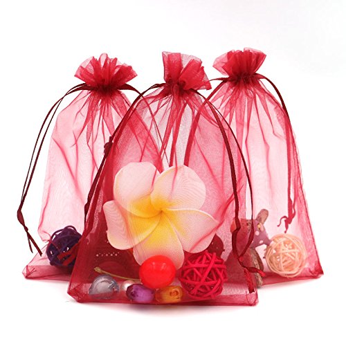 jijAcraft 100 x Organza Gift Bags with Drawstring for Wedding Gifts, Sweets, Jewellery (Wine Red)