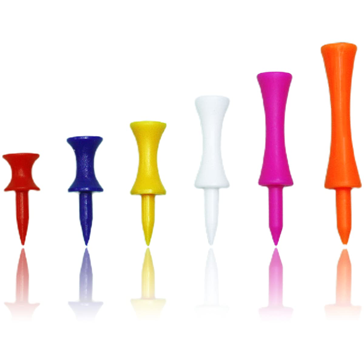 Gretana Golf Tees Plastic?Pack of 100 Pieces, 6 Different Sizes, (31mm, 37mm, 43mm, 51mm, 57mm, 70mm)?6, Yellow, Pink, White, Blue, Brown