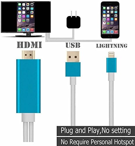 Lightning to HDMI adapter Plug &amp; Play Lightning 8-pin to HDMI Male Cable 1080P HDTV AV Adapter for All of Over IOS 8.0 Version iPhone X 8 7 6s iPad - No Need Any APP &amp; Personal Hotspot Blue
