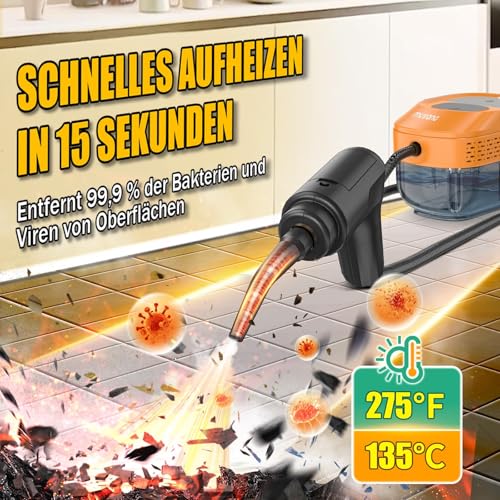 Muvano Handheld Steam Cleaner with 3 Levels Adjustable Handle, 1500 W Steam Cleaner, 100% Chemical-Free for Household, Kitchen, Upholstery, Bathroom, Car, High Pressure Steam Against Dirt Bacteria