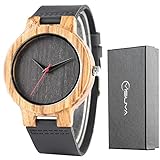 Creative Wood Watch Mens Analog Minimalist Genuine Leather Band Strap Bamboo Nature Wood Wrist Watch (Black Dial)