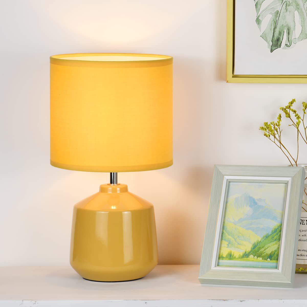 Photo 1 of Lampwell Lena Small Modern Yellow Table Lamp,7.09H12.99IN,Fabric Shade, Ceramic Base, Touch Control, Indoor Use Only