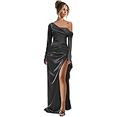 Riotoer One Shoulder Long Prom Dresses for Women 2026 Long Sleeves Backless Pleated Satin Formal Dress with Slit