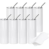 PYD Life 8 Pack Sublimation Tumblers Blanks 20 OZ Skinny White Straight Stainless Steel Tumbler with 10 PCS Shrink Wrap Film 