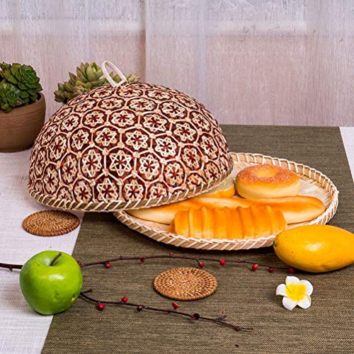 Coralpearl Bamboo Woven Food Dome Lid Cover, Keep out Flies Bugs and Table Serving Tray Storage Plate Platter with Handles for Picnic Party Bread Cake Pizza Dry Fruit Dessert Indoor Outdoor (Red) - Thumbnail 6