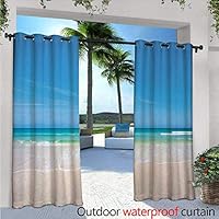 BlountDecor Ocean Outdoor Blackout Curtains Summer Sandy Paradise Beach Sea and Sunny Sky Scene Secret Dream Space Nature Image Outdoor Privacy Porch Curtains W120 x L84 Cream Blue