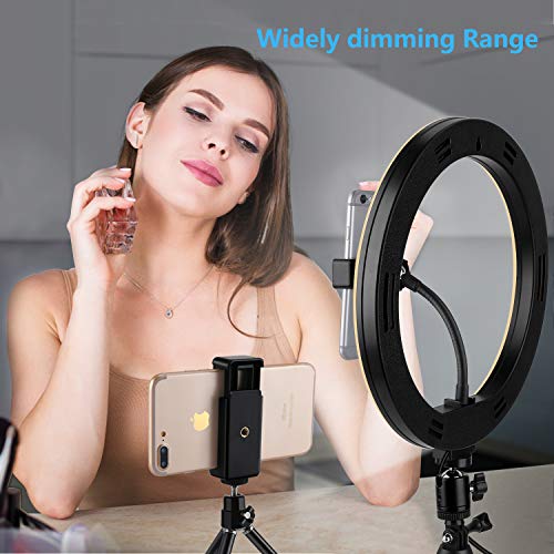 LED 10” Ring Light with Tripod Stand & Phone Holder for Tik Tok & Live Streaming, Dimmable USB Powered Desktop Makeup Ring Lights with 3 Color & 10 Brightness for Youtube Video Photography Shooting
