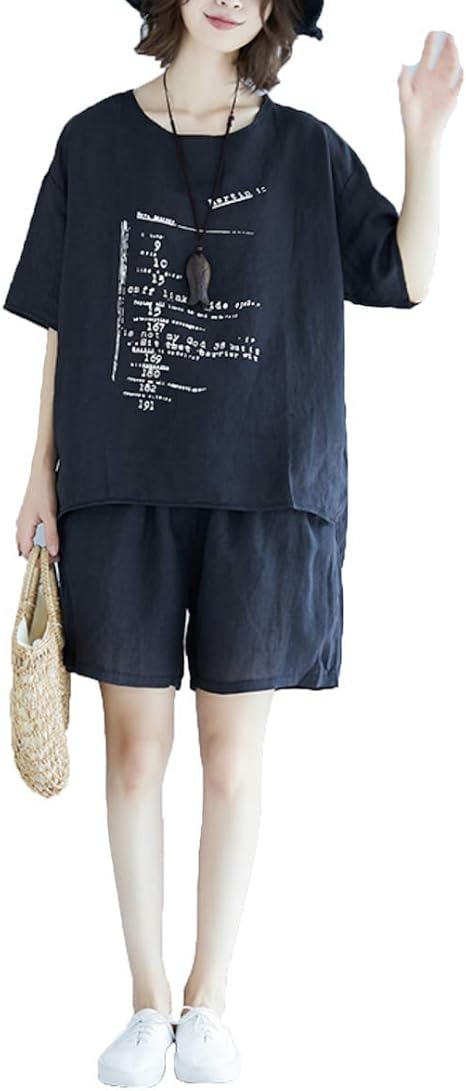 Amazon Maruya レディース カットソー Tシャツ 2点セット ゆったり ショットパンツ トップス 夏服 カジュアル 黑 おしゃれ 半袖 ブラウス 着痩せ 韓国ファッション 夏コーデ 春 夏 セット1 F Tシャツ カットソー 通販