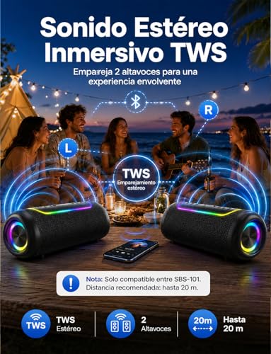 UOHHBOE Altavoz Bluetooth Portátil 30W, Sonido 360° con Graves Potentes, Bluetooth 5.4, 30H Batería, IPX5 Impermeable, Luces RGB, TWS Estéreo, USB-C, AUX, USB y TF, para Fiesta y Playa