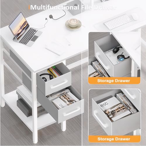 Xyphren 100cm Computer Desk with Drawers & Power Outlets, Office Desk with Storage Monitor Stand, Reversible Small Desks for Home Office Bedroom, White
