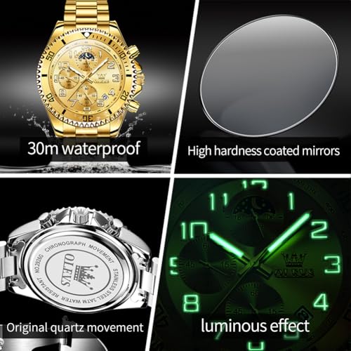 OLEVS Watches Men Waterproof Luxury Big Face Mens Watch Stainless Steel Day Date Quartz Analog Dress Watches for Men Luminous Relojes De Hombre (Green/Blue/Black/Gold)