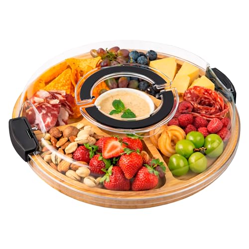 Petisqueira Redonda com Tampa e Travas 30 cm, Bandeja com 5 Divisórias de Acrílico, Porta Petiscos, Organizador para Frios, Snacks e Aperitivos, Cores Branco e Preto (Preto, Redondo)