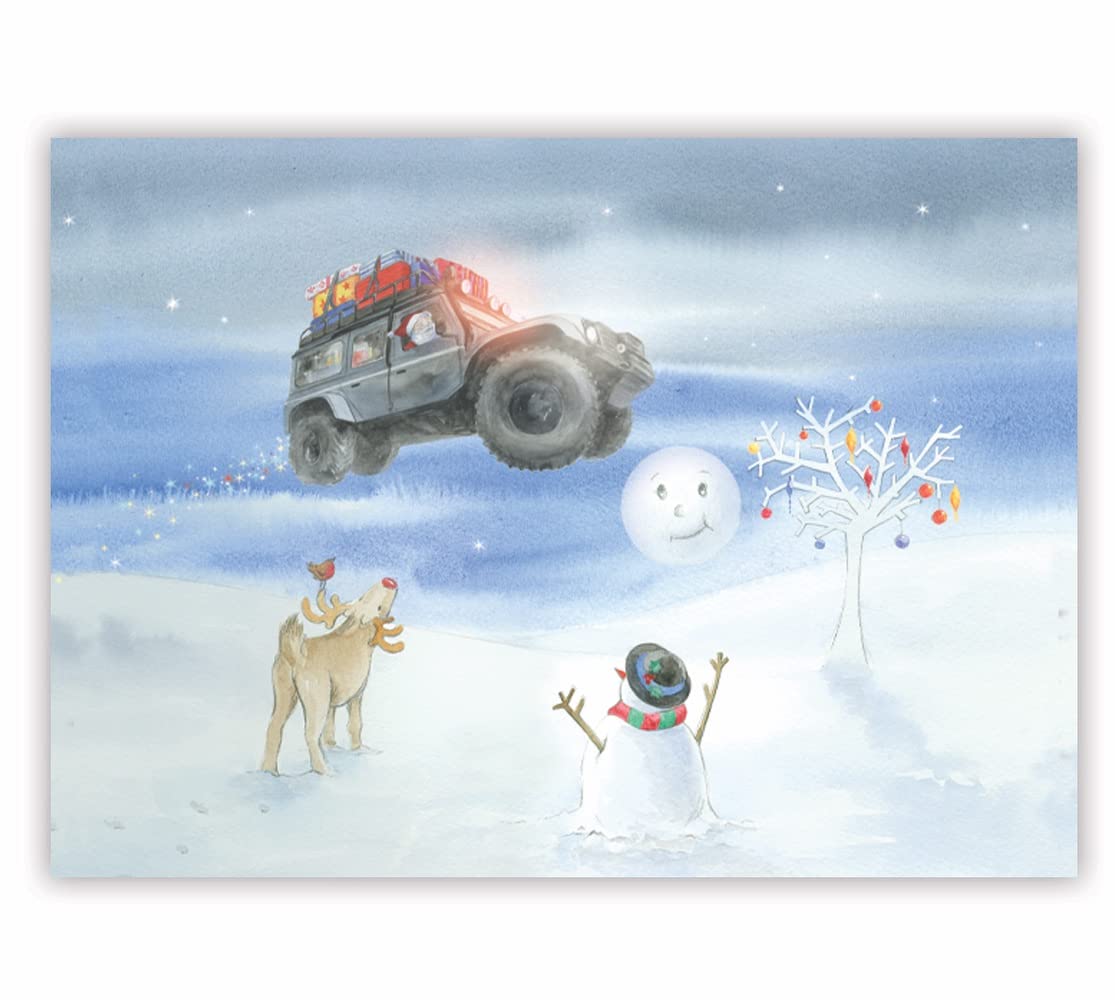 4 x 4 classic off roader with Santa, Rudolph and snow man Christmas Cards - single design - pack of 10