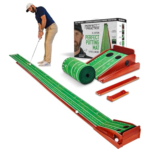 PERFECT PRACTICE XL Putting Mat 15.5 ft Indoor Golf Putting Green w/ 2 Holes Putting Matt
