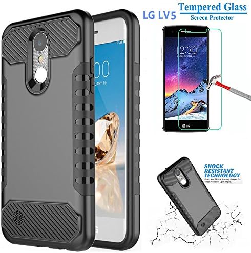 LG K10 (2017) Case, LG K20 Plus Case, LG LV5 Case, L00KLY [Slim Fit] Dual Layer Hybrid Shockproof Armor [Hard PC Back Cover + TPU Bumper] Case Cover with Tempered Glass Screen Protector (Black)
