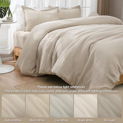 David's Home Cotton Muslin Comforter Set Queen Size, 100% Cotton Cover Ultra-Soft Breathable Lightweight Skin-Friendly for Spring Summer, 3PCS Linen Like Gauze Bedding with Polyester Filling, Natural