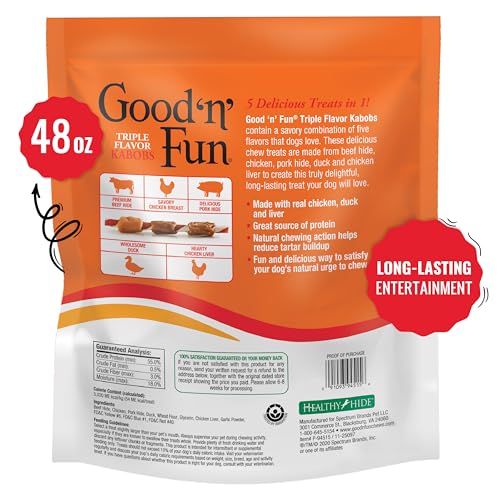 GOOD’N’FUN TRIPLE FLAVOR KABOBS 48 OUNCE, RAWHIDE SNACK FOR ALL DOGS