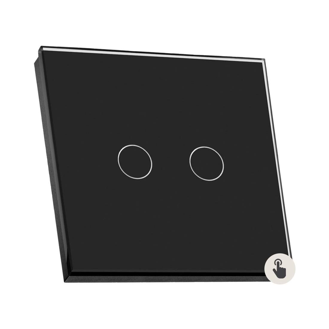 Sardini Home Nero Black Tempered Glass UK Touch Screen Single Wall Light Switch – 2 Gang 1 Way with Responsive LED On/Off Indicator