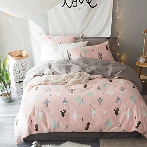 LoveBetty Pink Cactus Cartoon Print Pattern Reversible 100% Cotton Full/Queen Duvet Cover Set(1 Duvet Cover 2 Pillow Shams) 3pc Bedding Collection Hidden Zipper Closure with 4 Corner Ties