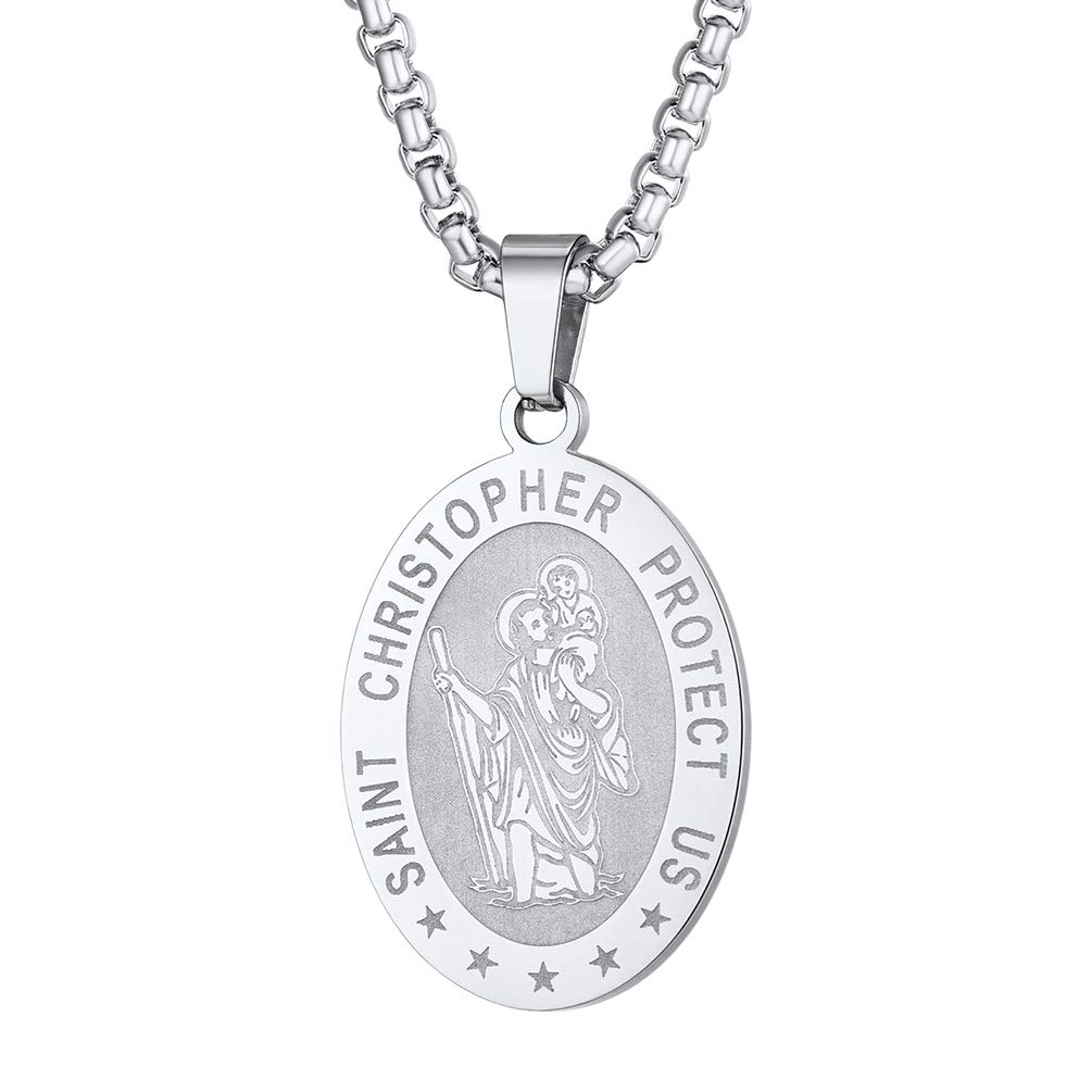 PROSTEEL St Christopher Necklace for Men, Saint Christopher Pendant Chain, Catholic Protection Jewellery Silver Oval (With Gift Box)