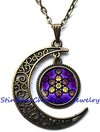 Crescent Moon Necklace Handmade,Metatron's Cube Necklace, Metatron's Cube Pendant,Glass Dome Pendant,Metatron's Cube Photo Pendant,Glass Dome Necklace