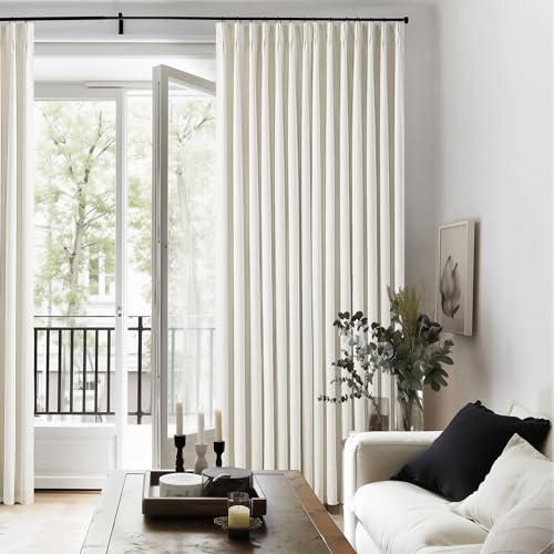 TWODRAPES 102 Inches Long Pinch Pleated Linen Blackout Curtains for Bedroom | Memory Trained Shape, 100% Blackout Light Blocking Curtains, for Living Dining Room, Natural Cream Farmhouse, with Back Tab