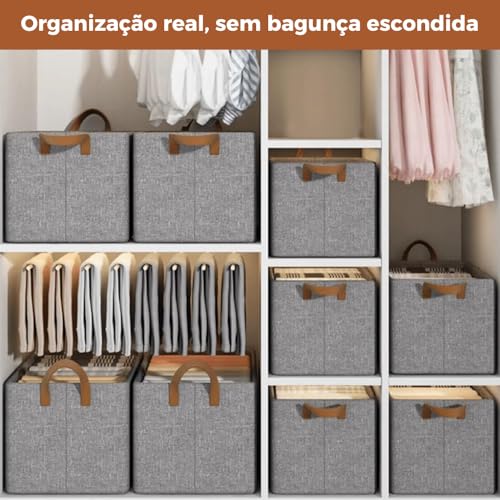 Kit 3 Cestos Organizadores Dobráveis de 26 Litros Caixas Multiuso Com Alças Dupla para Guarda Roupas, Armário, Lavanderia, Malha de Nylon Cinza Resistente e Lavável