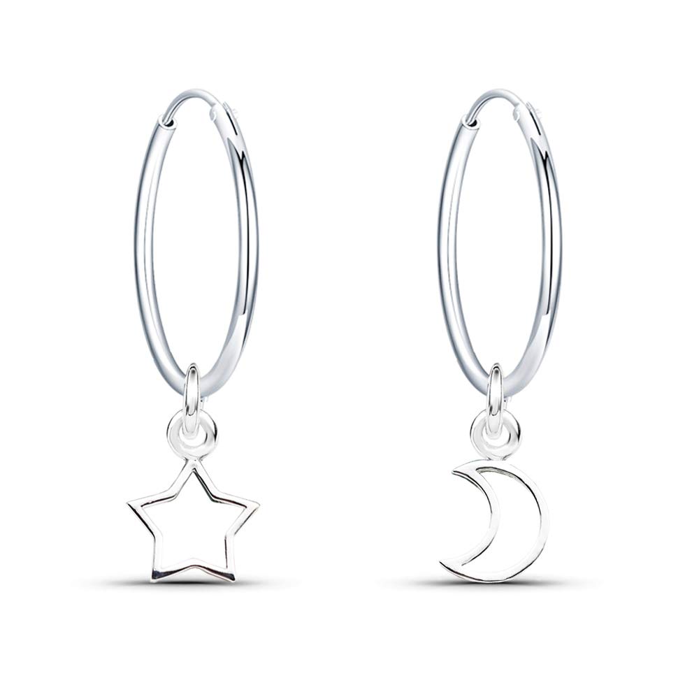 925 Sterling Silver Earrings Dangle Drop Moon and Star Hoop Earrings Diameter 16mm Sleeper Hoops Earrings for Women Girls