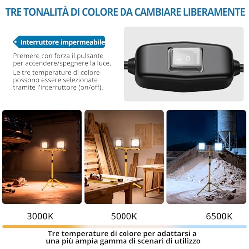 AUTOUTLET Construction Site Spotlight with Extendable Tripod, 2x 100W 19000LM Rechargeable LED Headlight with 3 Colour Temperatures and 5 M Power Cable, IP66 Waterproof, for Garage Workshop and Outdoor